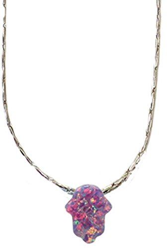 Opal Purple Hamsa Amulet With Silver  Necklace - Chain 16 inch Pendant 5/16 inch W X 3/8 inch H