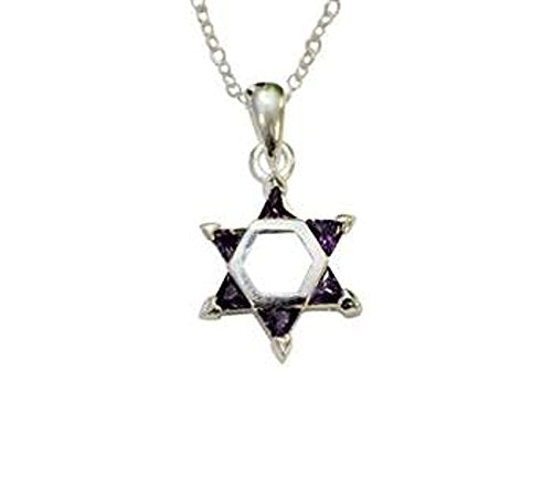 Silver Star of David with Purple Color Stones Necklace - Chain 18 inch Pendant 1/2 inch W X 1 inch H
