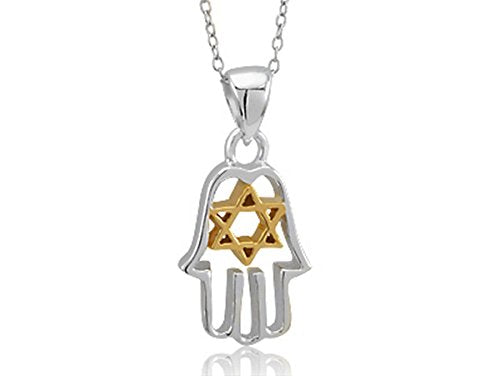 Silver Hamsa with Gold Tone Star of David on 16 inch Link Chain
