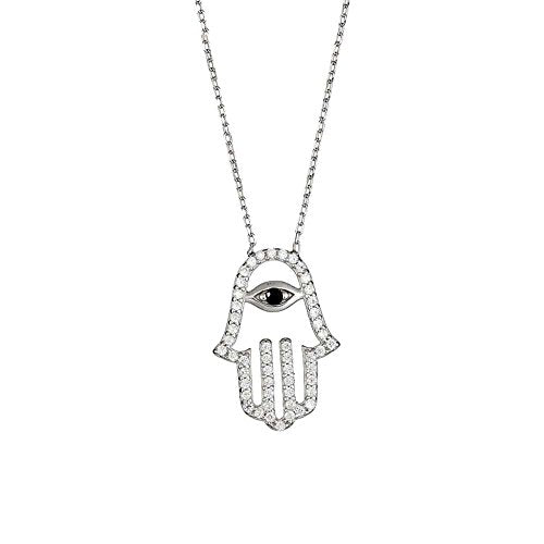 Ben and Jonah 925 Sterling Silver Rhodium Plated CZ Hamsa with Center Dark Blue Evil Eye on an 18 inch Chain