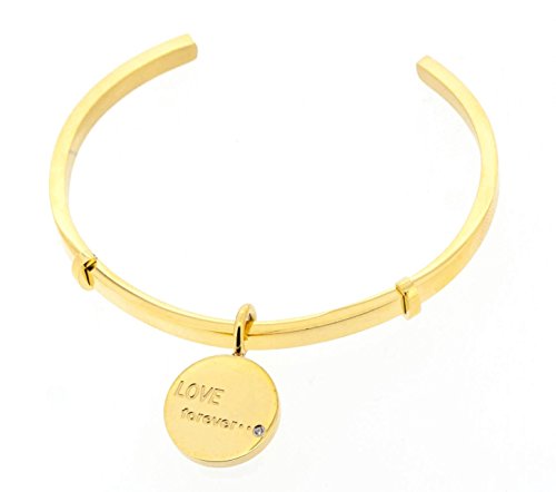 Ben and Jonah Stainless Steel Inspirational Cuff Bracelet with inch Love Forever inch Charm with Stone (Yellow Gold Plating) - 2.75 inch Diameter 0.16 inch H