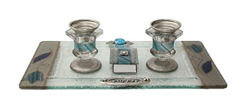 Ultimate Judaica Candle Stick With Tray And Matchbox Small Applique - Ocean Blue With Tulip - Tray 10 3/4 inch W X 6 inch H Candlesticks Â - 2.5 inch H Matchbox 2 inch W X 1.5 inch  H