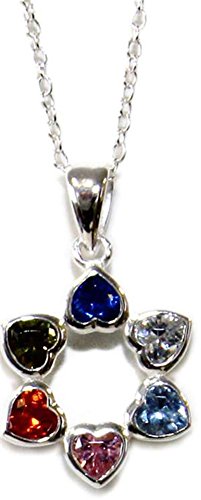 Silver Star of David With Hearts Pendant with Multi Color Stones Necklace - Chain 18 inch Pendant 3/4 inch W X 3/4 inch H