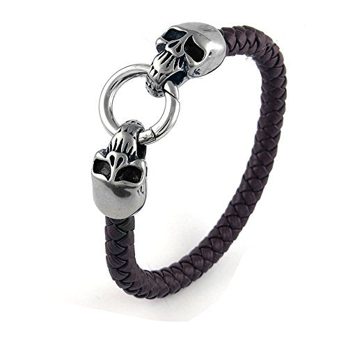 Ben & Jonah Brown Faux Leather and Stainless Steel Skulls Biker Bracelet with Fancy Lock (9 inch Long)