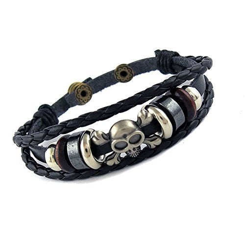 Ben & Jonah Brown Leather and Stainless Steel Multi Layer Bracelet with Skull (7.5 inch -8.5 inch Adjustable Length)
