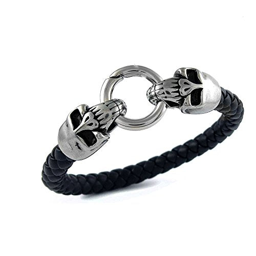 Ben & Jonah Black Faux Leather and Stainless Steel Skulls Biker Bracelet with Fancy Lock (8.5 inch Long)