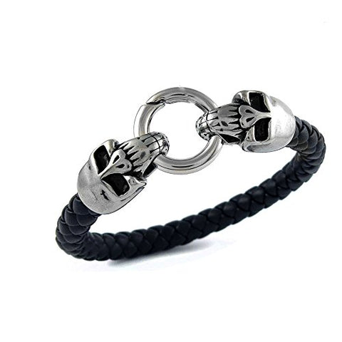Ben & Jonah Black Faux Leather and Stainless Steel Skulls Biker Bracelet with Fancy Lock (8.5 inch  Long)