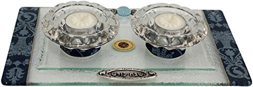 Ultimate Judaica Candle Stick With Tea Light Applique - Blue - Tray 11 inch W X 6 inch L Candlesticks 2 inch H