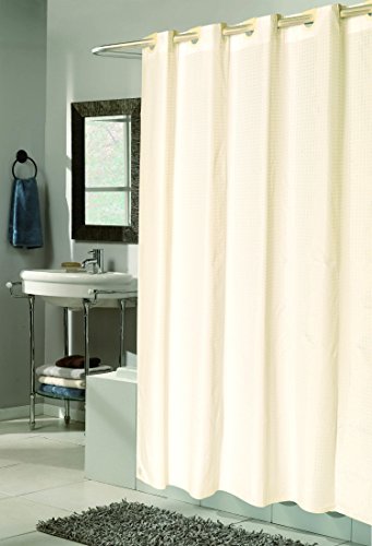 Royal Bath Easy On No Hooks Needed Extra Wide (108 inch x 72 inch ) Fabric Shower Curtain with Built in Hooks - Ivory Check