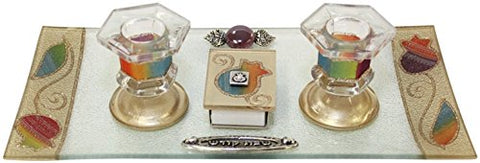 5th Avenue Collection Candle Stick With Tray And Matchbox Small Applique - Rainbow With Pomegranate - Tray 10 3/4 inch W X 6 inch H Candle Sticks - 2.5 inch H