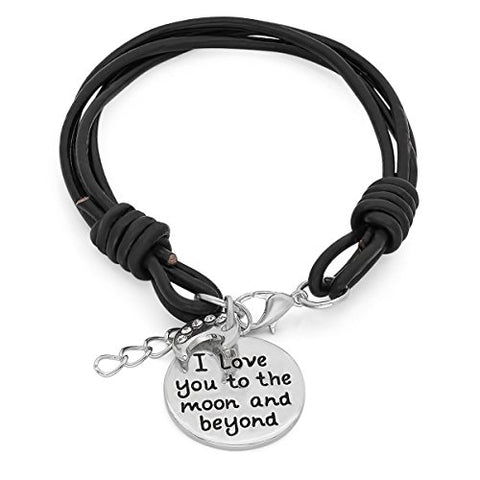 Lady's Genuine Black Leather Bracelet with Metallic Alloy 'I Love You To The Moon and Beyond' and Swarovski Elements Moon Charms