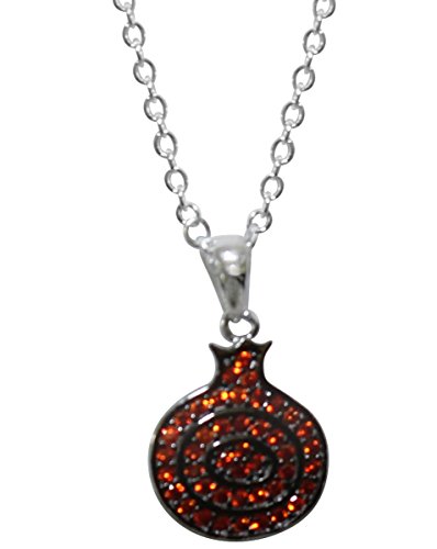 Silver Pomegranate Amulet with Red Micro CZ Stones Chain - 18 inch Pendant - 5/8 inch W x 1/2 inch