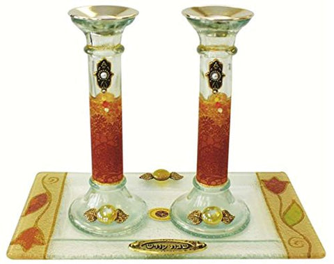 Ultimate Judaica Candle Stick With Tray Large Applique - Colorful - Tray 10 inch  W X 5 inch  L - Candlesticks - 7.5 inch  H