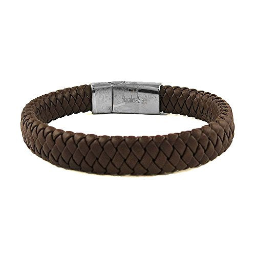 Ben & Jonah Braided Brown Faux Leather and Stainless Steel Bracelet with Magnetic Stainless Steel Fancy Lock (8.25 inch L)