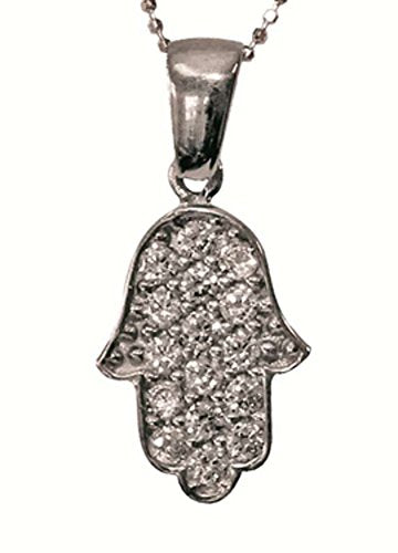 Silver Hamsa Amulet Necklace Encrusted with CZ - Chain 16 inch Pendant 7/16 inch W X 5/8 inch H