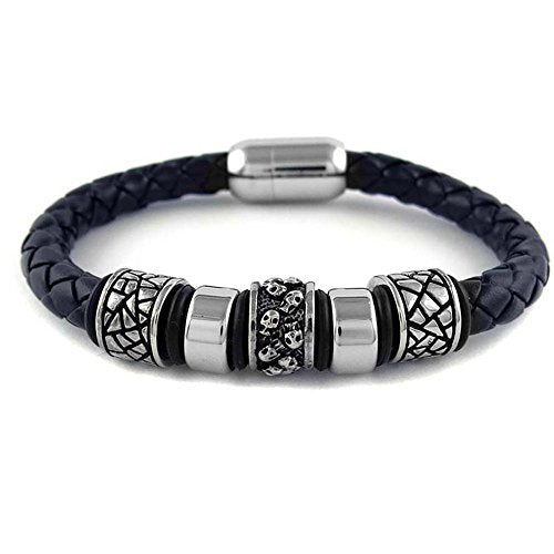 Ben & Jonah Braided Black Faux Leather and Stainless Steel Bracelet with Stainless Steel Skulls Gothic Beads and Magnetic Lock (8.5 inch L)