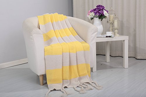 Tejido Collection Classic Woven Knitted 2-Tone Throw Blanket with Fringes (50 inch x 60 inch ) - Yellow/White