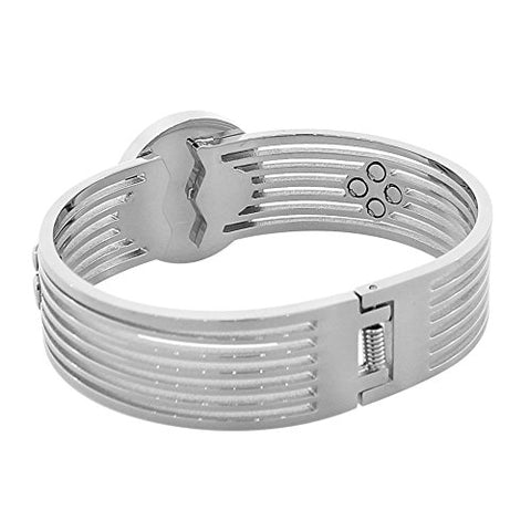 EDFORCE Stainless Steel Silver-Tone Simulated Mother-of-Pearl Floating CZ Bangle Bracelet