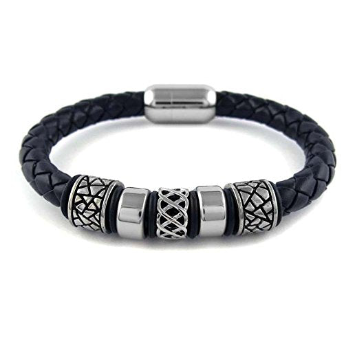 Ben & Jonah Braided Brown Faux Leather and Stainless Steel Bracelet with Stainless Steel Gothic Beads and Magnetic Lock (8.5 inch L)