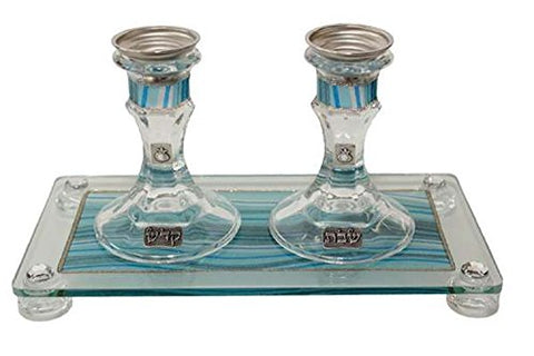 Ultimate Judaica Candle Stick With Tray Medium Applique - Ocean Blue Â - Tray 11 inch W X 6 inch  L Candlesticks 4 inch H