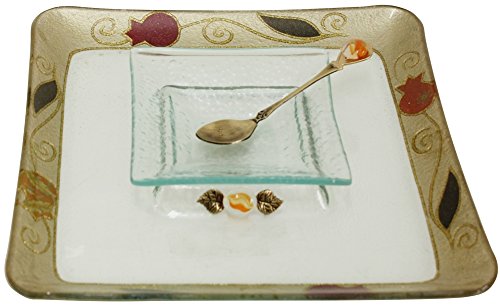 L'Shanah Tovah Happy&Healthy Honey Dish Plate Square Design - Pomegranate - Tray 9.5 inch X9.5 inch D - Bowl 4.5X4.5 inch