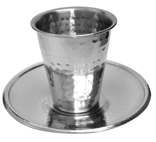 Stainless Steel Hammered Kiddush Cup With Plate - Cup 3 inch H 2.5 inch