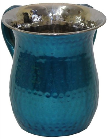 Ultimate Judaica Wash Cup Stainless Steel Hammered Turquoise 5.5 inch H
