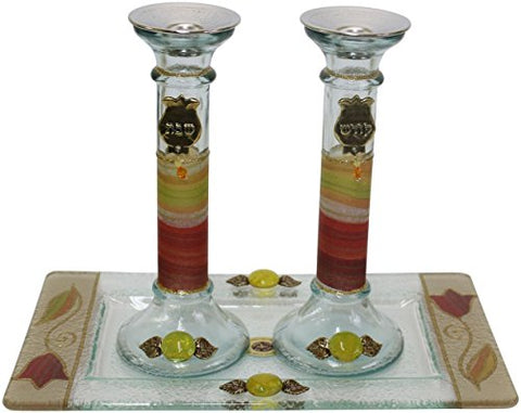 5th Avenue Collection Candle Stick With Tray Large Applique - Colorful - Tray 10 inch  W X 5 inch  L - Candlesticks - 7.5 inch  H
