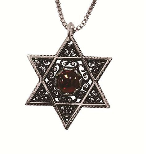 Silver Star Of David Necklace With Red Stone - Chain 16 inch Pendant 7/8 inch W X 1 inch H