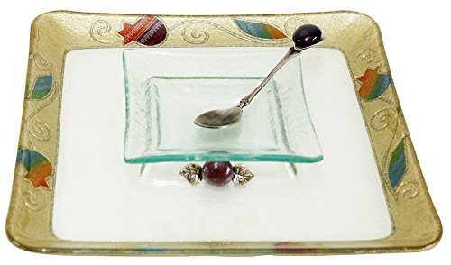 L'Shanah Tovah Happy&Healthy Honey Dish Plate Square Design - Rainbow - Tray 9.5 inch X9.5 inch D - Bowl 4.5X4.5 inch