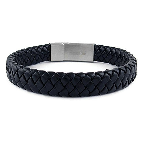 Ben & Jonah Braided Black Faux Leather and Stainless Steel Bracelet with Magnetic Stainless Steel Fancy Lock (8 inch L)