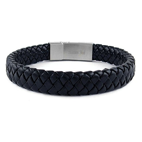 Ben & Jonah Braided Black Faux Leather and Stainless Steel Bracelet with Magnetic Stainless Steel Fancy Lock (8 inch  L)