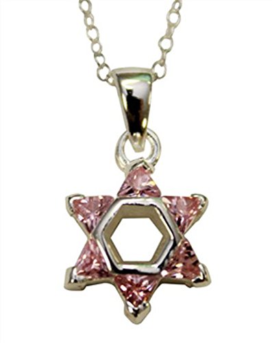 Silver Star of David with Pink Color Stones Necklace - Chain 18 inch Pendant 1/2 inch W X 1 inch H