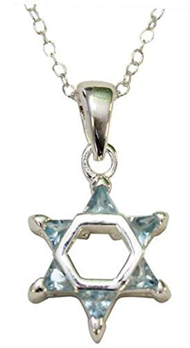 Silver Star of David with Light Blue  Color Stones Necklace - Chain 18 inch Pendant 1/2 inch W X 1 inch H