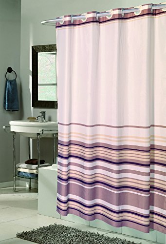 Royal Bath Easy On (No Hooks Needed) Fabric Shower Curtain (70 inch x 72 inch ) with Built in Hooks - Brown Stripes