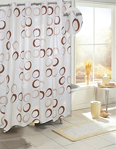 Royal Bath Easy On (No Hooks Needed) PEVA Non-Toxic Shower Curtain Liner (70 inch x 72 inch ) with Built in Hooks - Brown Circles