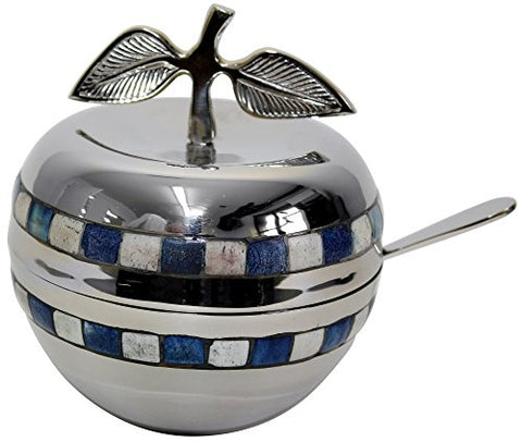 L'Shanah Tovah Happy&Healthy Honey Dish Nickel Blue/White With Glass Insert 5 inch H