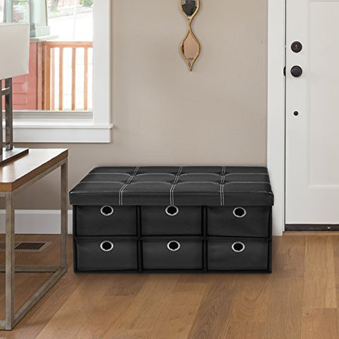 Ben&Jonah Collection Collapsible 6 Drawer Storage Ottoman - Black Faux Leather 30x15x15