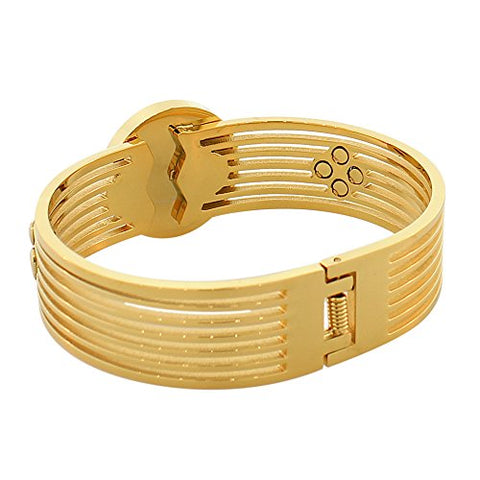 EDFORCE Stainless Steel Yellow Gold-Tone Simulated Mother-of-Pearl Floating CZ Bangle Bracelet