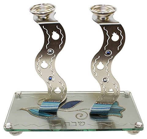 Ultimate Judaica Lazer Cut Candle Stick With Tray Applique - Ocean Blue Â - Tray 9 3/4 inch W X 5 inch  L Candle Sticks 7 inch H
