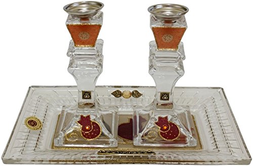 5th Avenue Collection Candle Stick With Tray Medium Applique - Red Pomegranate - Crystal - Tray 11 inch x 6.5 inch Candle Stick 6 inch H