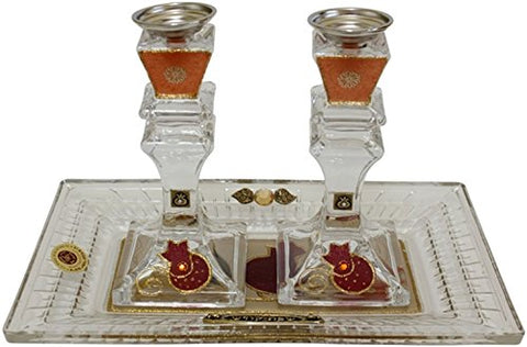5th Avenue Collection Candle Stick With Tray Medium Applique - Red Pomegranate - Crystal - Tray 11 inch x 6.5 inch  Candle Stick 6 inch H