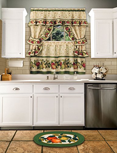 Ben&Jonah Collection Apple Orchard Cottage Window Curtain Set - 57x36 Tier Pair/57x36 Ruffled Topper with attached valance and tiebacks. - Antique