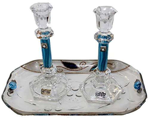 Ultimate Judaica Candle Stick With Tray Large Applique - Ocean Blue With Tulip - Crystal  - Tray 10 inch W X 5 inch L -  Candlesticks  - 7.5 inch H
