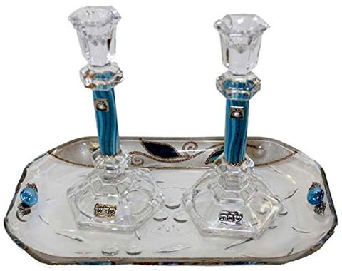 5th Avenue Collection Candle Stick With Tray Large Applique - Ocean Blue With Tulip - Crystal Â - Tray 10  inch  W X 5  inch  L - Â Candlesticks Â - 7.5  inch  H