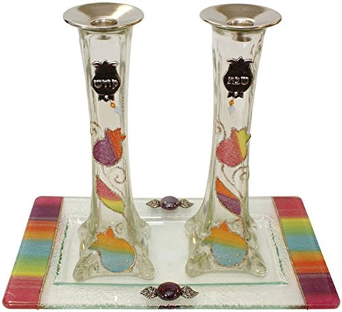 Ultimate Judaica Candle Stick With Tray Large Applique - Rainbow With Pomegranate - Tray 10 inch W X 5 inch L - Â Candle Sticks Â - 9 inch  H