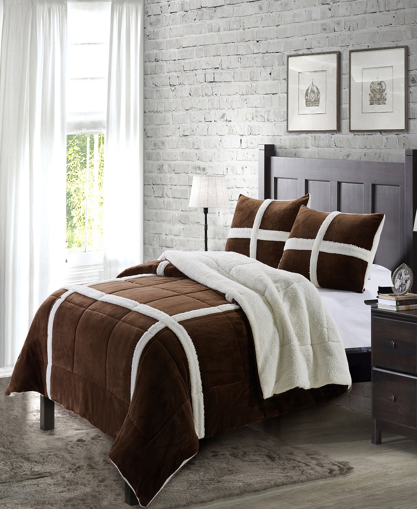 Simple Elegance by Ben&Jonah 3 Piece King Size Flannel Blanket Set with Sherpa Backing (102" x 90") - Chocolate