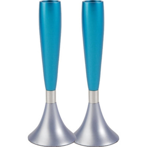 Ben and Jonah Sabbath/Shabbos Metal Candlesticks -Anodized Aluminum - Turquoise/Silver- 6.5" x 2.3"