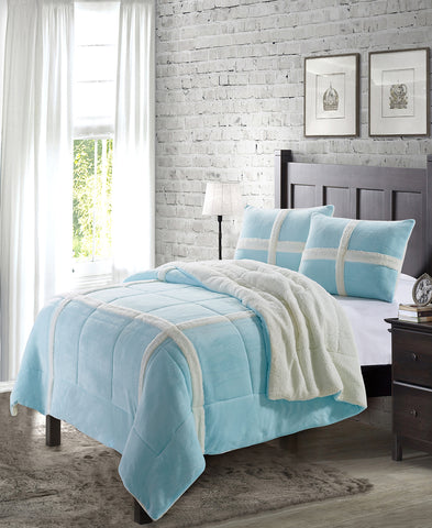 Simple Elegance by Ben&Jonah 3 Piece Queen Size Flannel Blanket Set with Sherpa Backing (90" x 90") - Light Blue