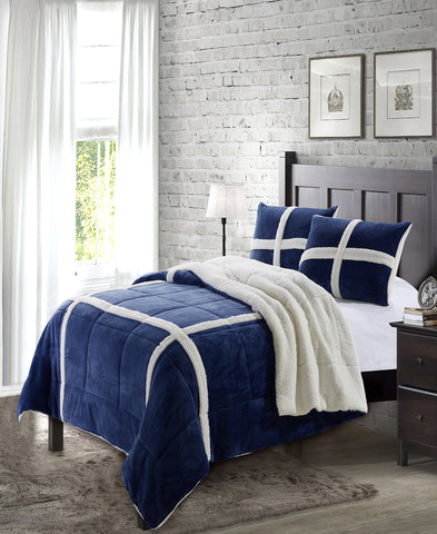 Simple Elegance by Ben&Jonah 3 Piece King Size Flannel Blanket Set with Sherpa Backing (102" x 90") - Navy